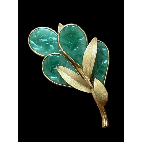 Vintage French Gripoix Brooch Mid Century Estate Poured Glass Leaves Iridescent - Picture 2 of 8
